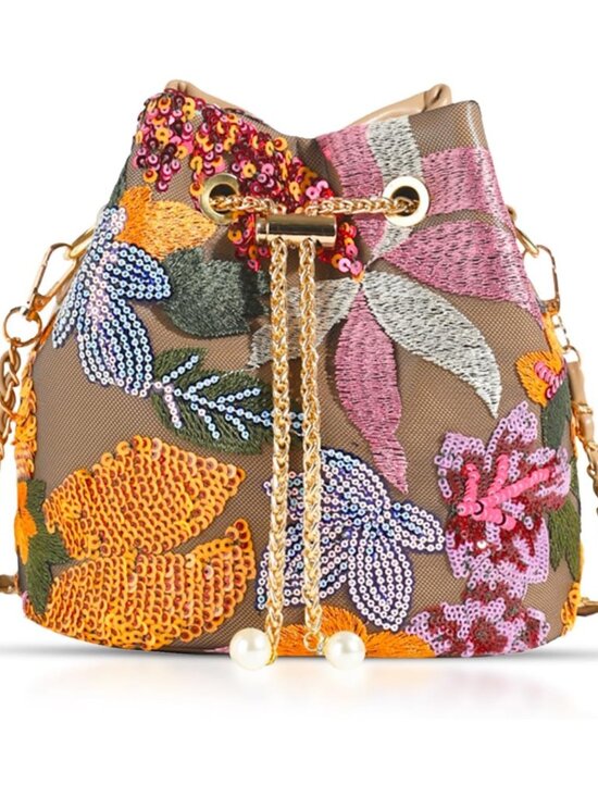 Handbags - Crossbody Bags for Women, Hand Embroidered Leathers Tot Bag, Carry Handle Bucket